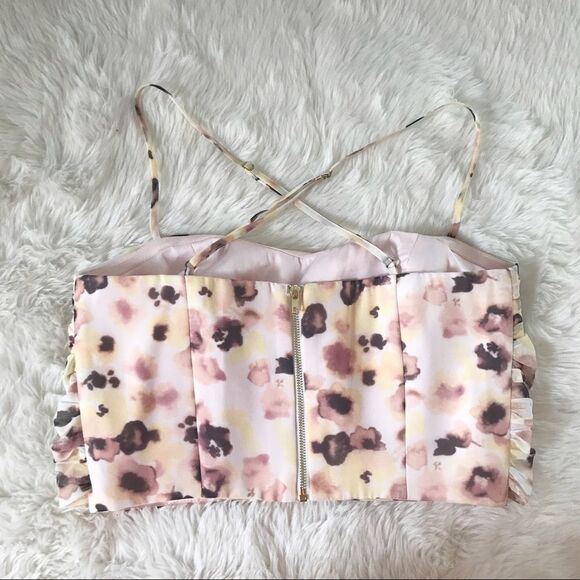 GIANNI BINI Floral Chiffon Spaghetti Strap Crop Top Tank Tie Front Cream XS - Picture 3 of 11